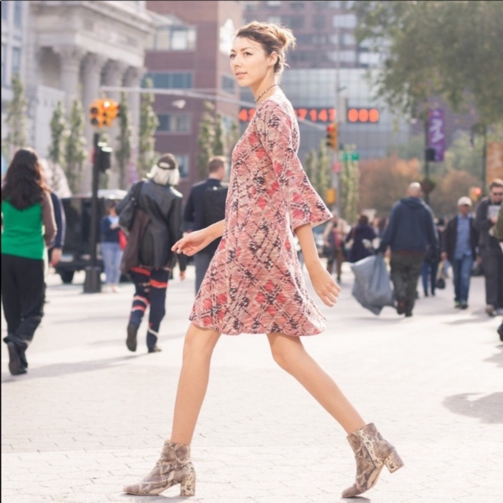 Anthropologie Maeve Erina Bell Sleeve Knit Tweed Fit and Flare Dress | S | Retro
